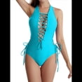 thumbnail image 1 of Traje de Baño de una Pieza con Cordones y Escote en V Profundo para Mujer Lago Azul L, 1 of 8
