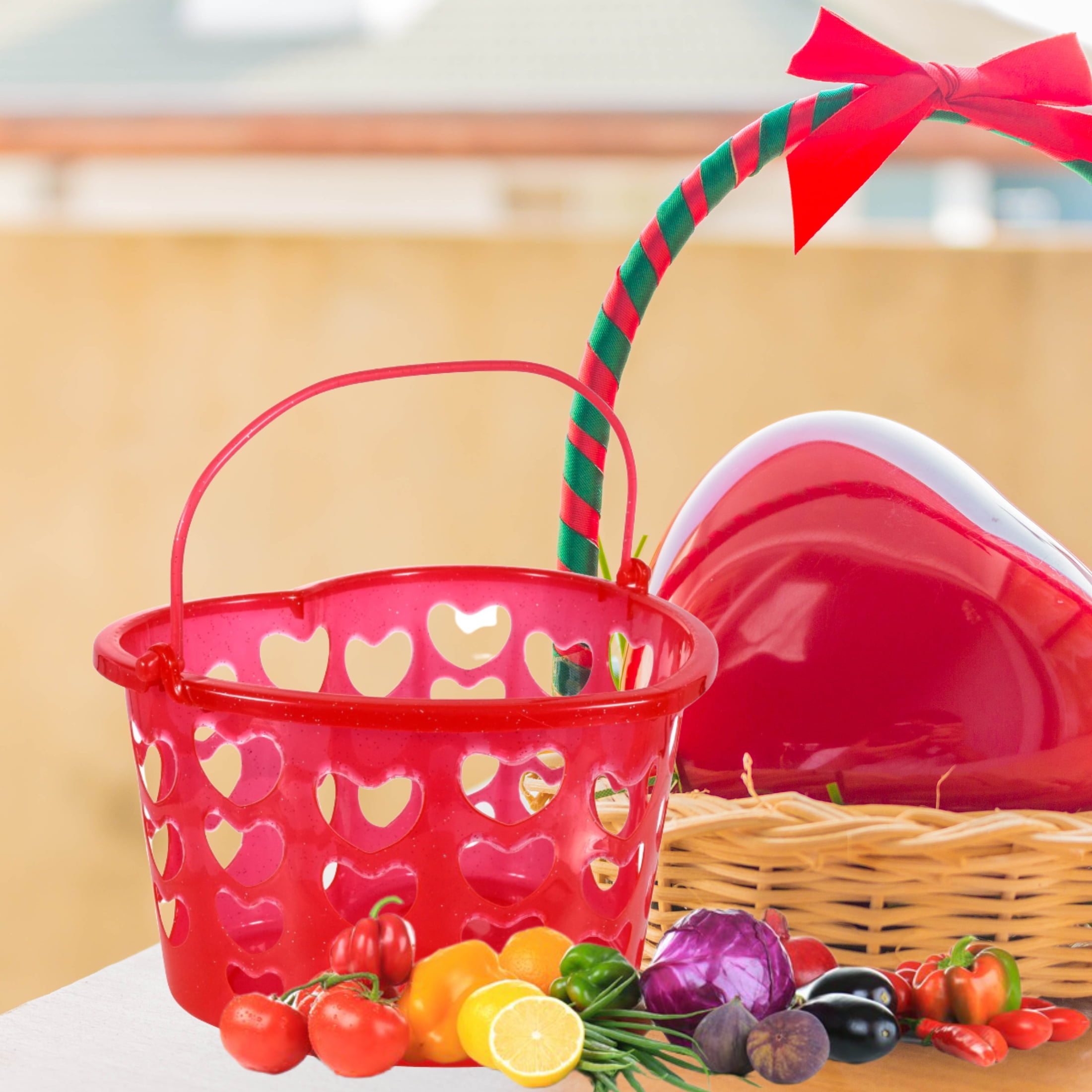 Valentine's Heart Shaped and Slotted Baskets with Handles, 6.875x8.25x5.375in Love Easter Red Basket Plastic Bin Party Treats Supplies Container Home Kitchen Bathroom School Organizer Gift Set of 2