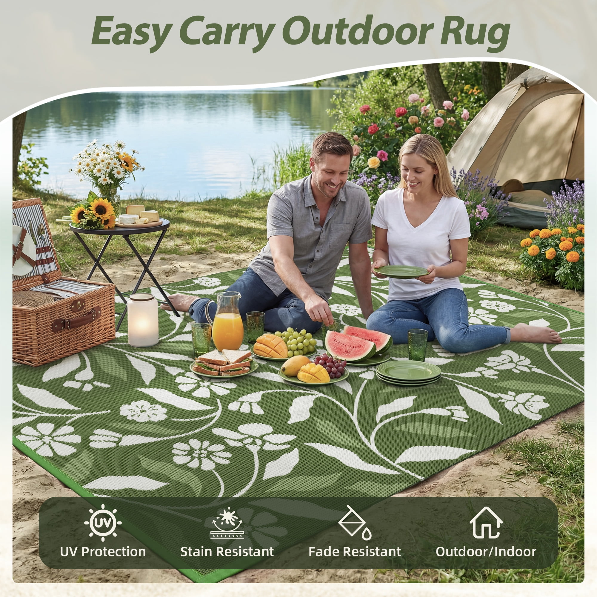 SIXHOME Outdoor Rug 5'x8' Waterproof Reversible Patio Rug Boho Geometric Indoor Outdoor Rugs Lightweight Plastic Straw Ourdoor Carpet for RV Camping Deck Balcony Modern Porch Decor Green