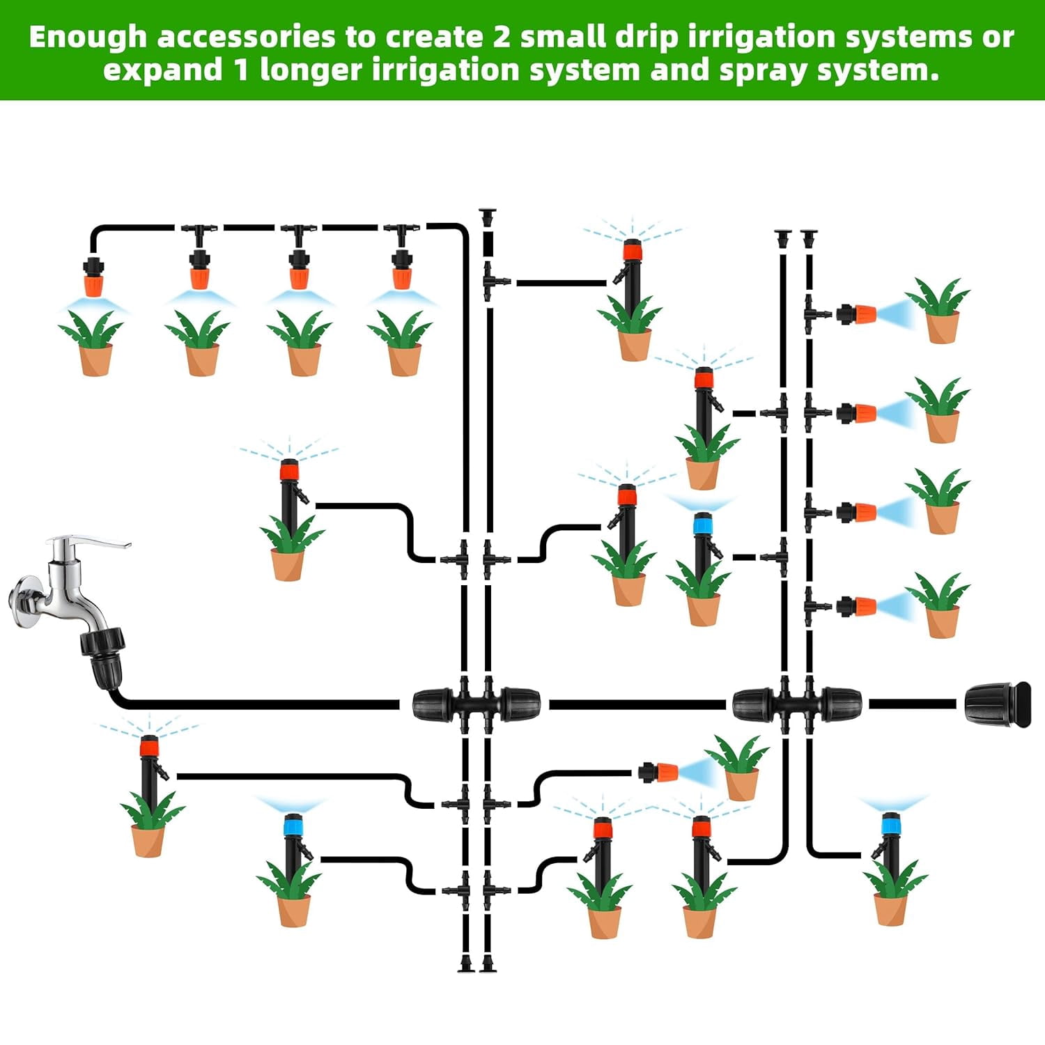 Drip Irrigation System Kit, 240 Ft Automatic DIY Garden Watering and Misting Set, Adjustable Drip Emitters, 5/16 in and 1/4 in Tubing, Connectors and Fittings