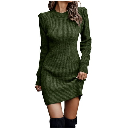 Olyvenn Womens Tunic Hip Wrap Knitted Sweater Bodycon Dress Fashion Classic Solid House Dress Mock Neck Ruched Warm Slim Fit Casual Flowy Smocked Raglan Cap Long Sleeve Prom Dress Army Green 10
