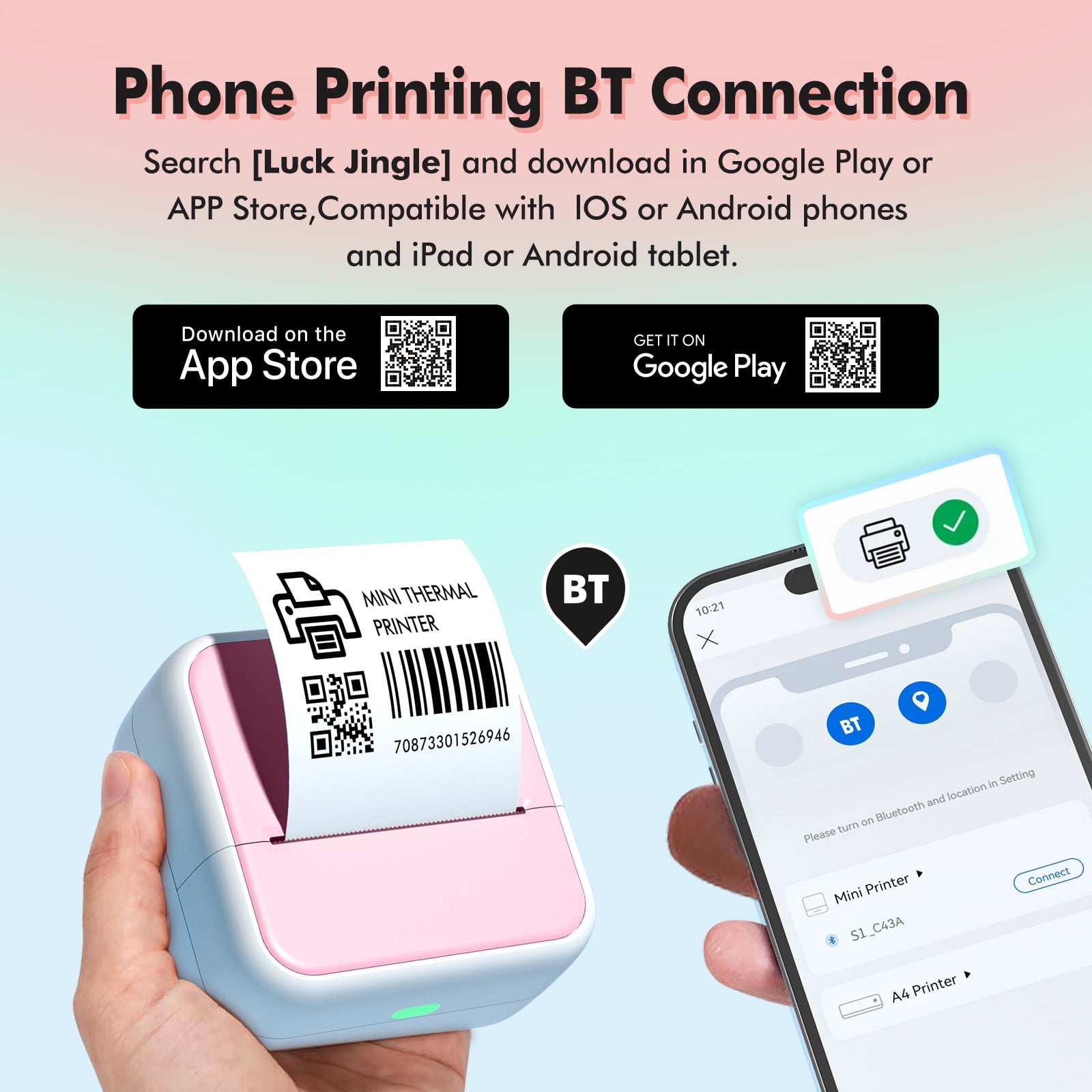 Mini Pocket Printer Portable Thermal Instant Photo Printing Label Maker Machine BT Wireless Connect Compatible with Android / iOS APP Support Receipt Label Memo Sticker Notes Lists Scrapbook DIY