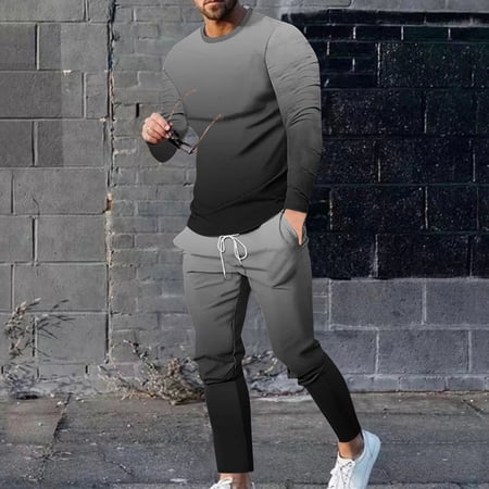 NaWent Suits for men Patchwork Pattern Casual Sets Crew Neck Long Sleeve Home Athletic Two-Piece Set Lounge Set Tracksuit Dark Gray 18(XXXXXL)