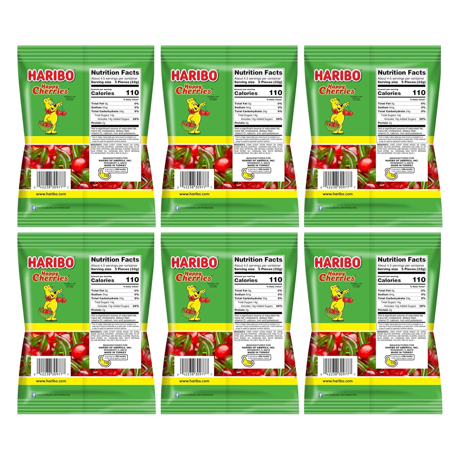 Haribo Happy Cherries Pack 6 (5oz Bags) Cherry-Shaped Fruit Flavored for Movie Nights, Easter, and More in a Bulk Bag