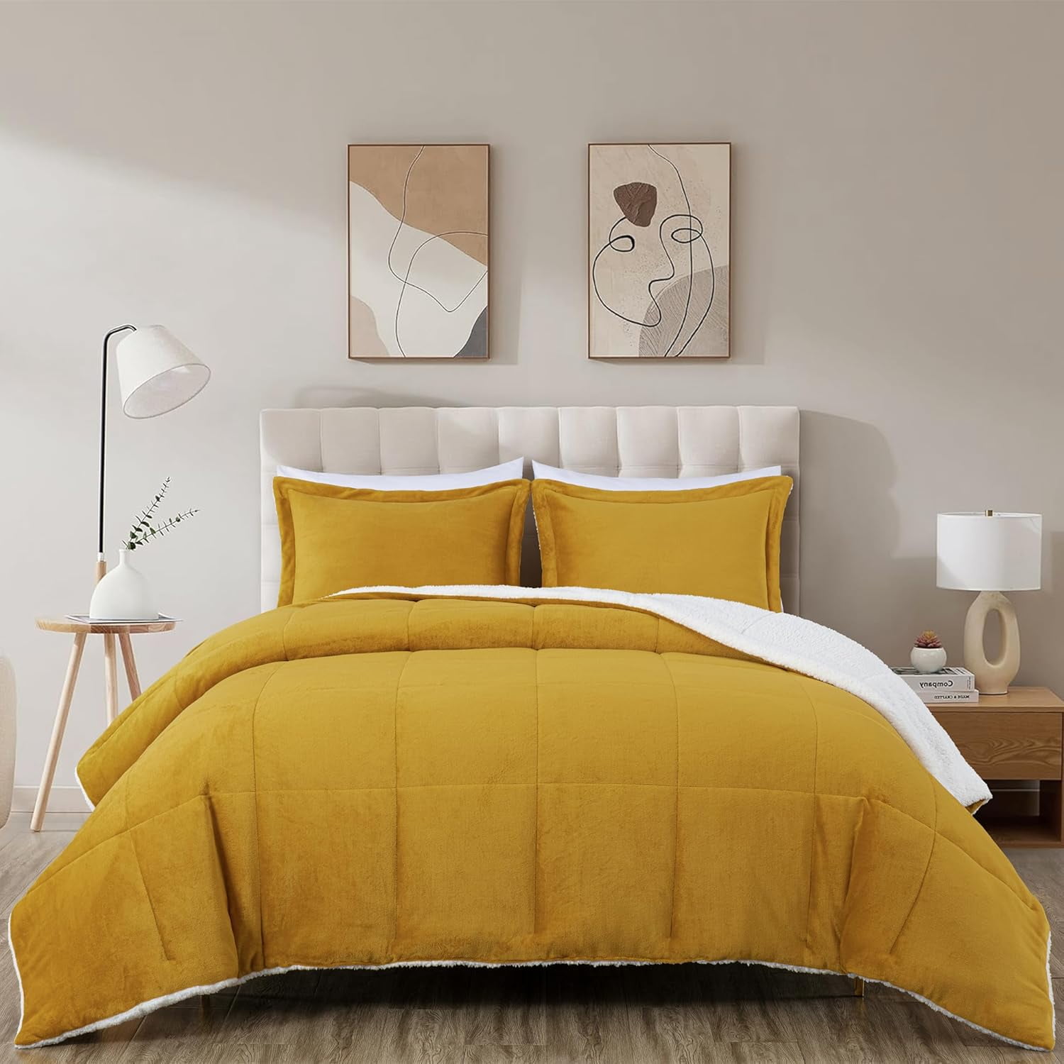 Chezmoi Collection Ultra-Soft Micromink Sherpa Queen Size Comforter Set with 2 Pillow Shams, Reversible Plush Bedding Comforter 3-Piece, Mustard Yellow