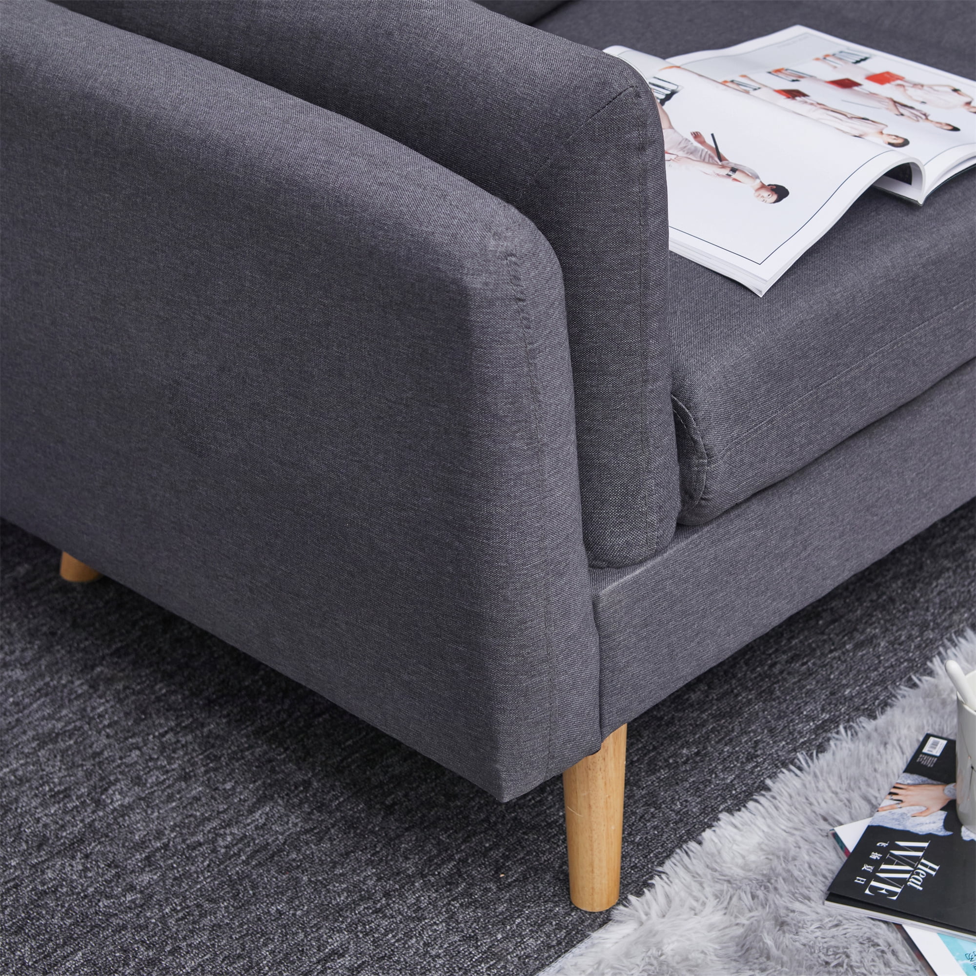 Aukfa 85" Sectional Couch Reversible L shape Sofa for Living Room, Solid Wood Legs, Linen, Gray