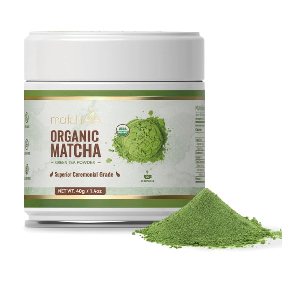 MatchAiA USDA-Certified Organic Matcha, Ceremonial Grade, 100% Pure Green Tea Powder, Superior First Spring Harvest, Sugar Free, Gluten Free (40g / 1.4oz Tin Can)