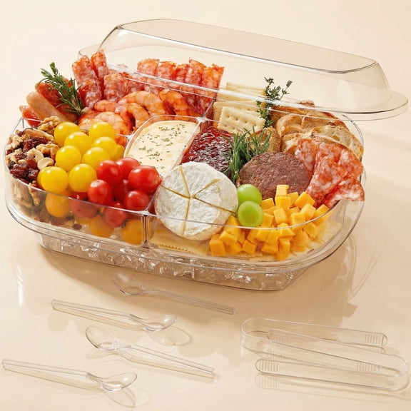 Norcho Chilled Serving Tray for Parties, 15-Inch Divided Shrimp Cocktail Serving Dish with Lid, Plastic Taco and Ice Serving Platter for Veggies, Fruit, Salad, and Buffet Use