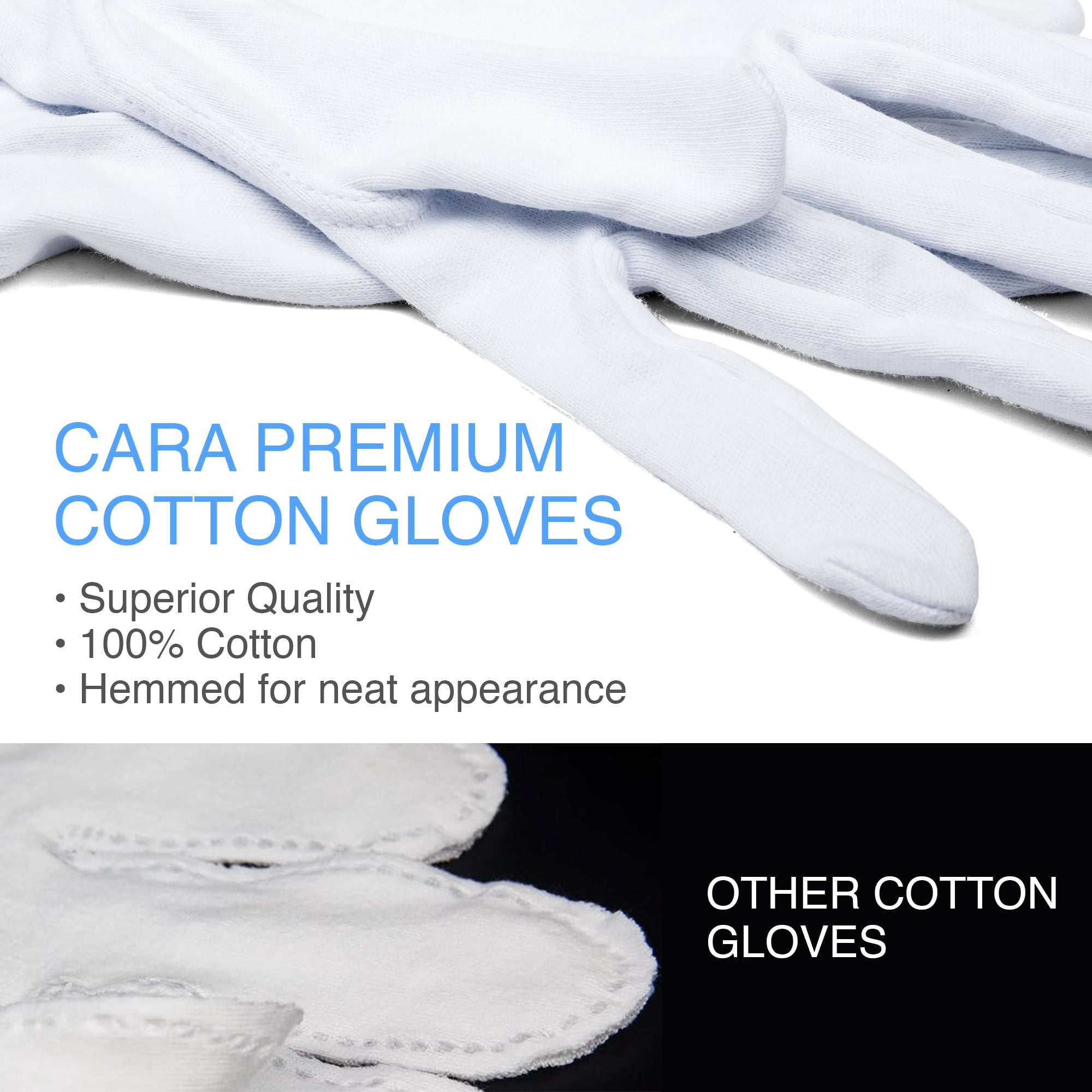 Cara 100% Premium Cotton Gloves - Professional Grade, Soft- Ideal for Moisturizing, Eczema Care, and Hand Protection, Ultra-Soft & Breathable, 24-Pack Medium