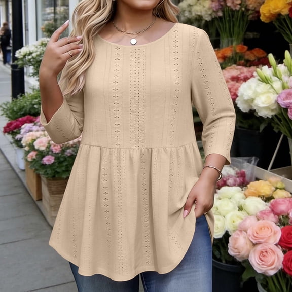 ClodeEU Women's Plus Size Crochet Lace Round Neck Top,Asymmetric Hem Long/3/4 Sleeve Blouse Khaki,Womens Plus XXXXL