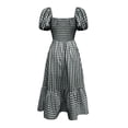 thumbnail image 6 of Black And White Plaid Square Neck Puff Sleeve Tiered Midi Dress For Women, 6 of 6