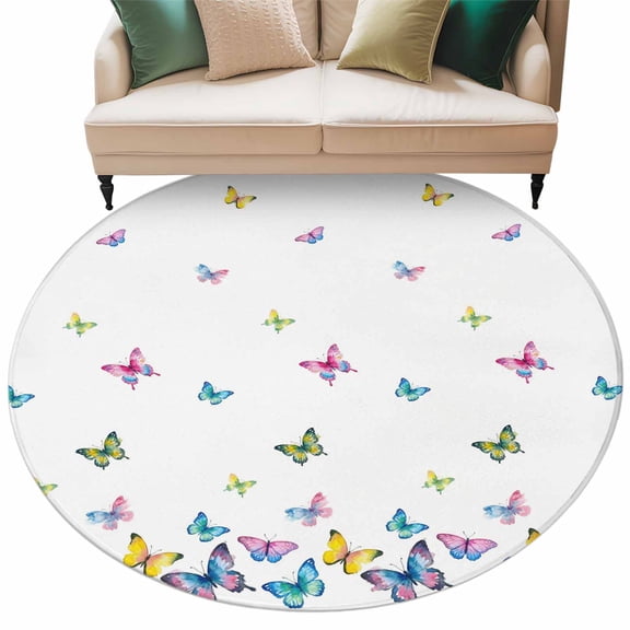 Vintage Colorful Butterfly Washable Round Rug 6ft Area Rug for Living Room, Soft Large Non-Slip Circle Dining Room Rugs Watercolor Butterflies Farmhouse Carpet for Bedroom Entryway Classroom Dorm