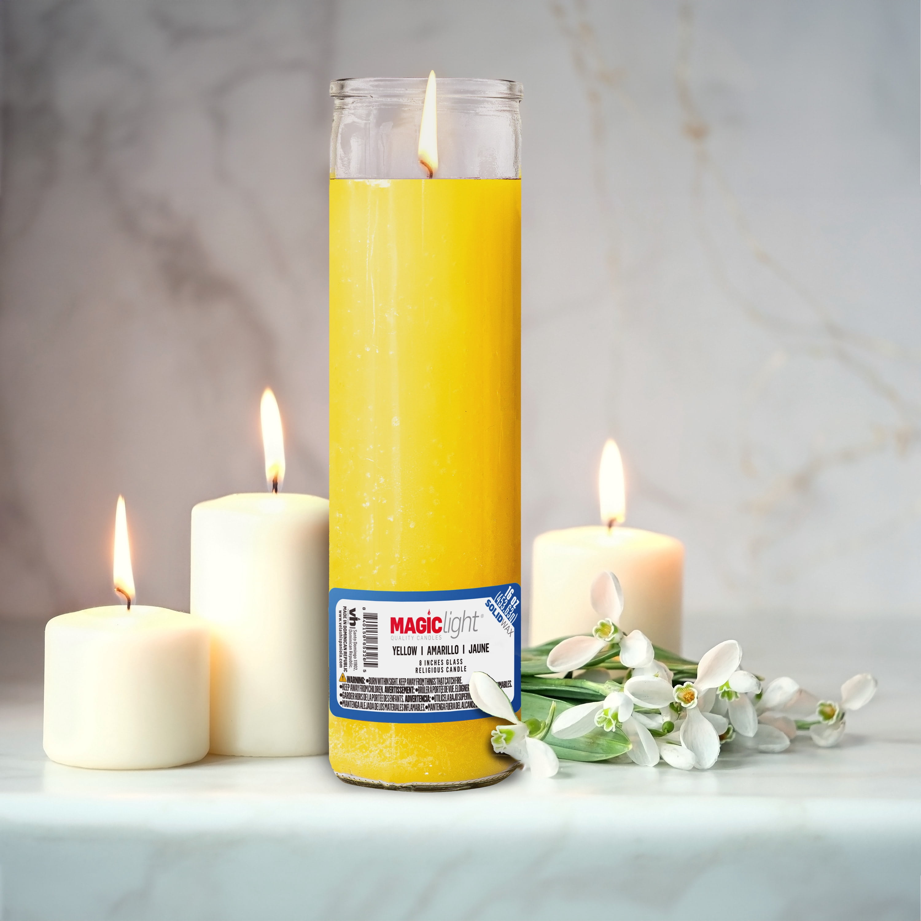 MagicLight Religious Unscented Candle, 16 oz Yellow Wax in Clear Glass Jar