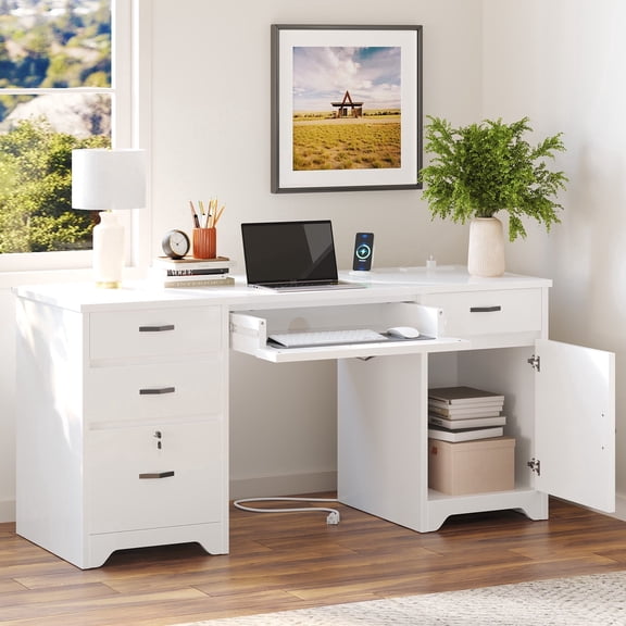 Bestier Computer Desk with 5 Drawers, 59'' Office Desk with Storage, Modern Executive Desk with File Drawers and Storage Cabinets, Charging station, Keyboard Tray, Suitable for Study& Bedrooms White