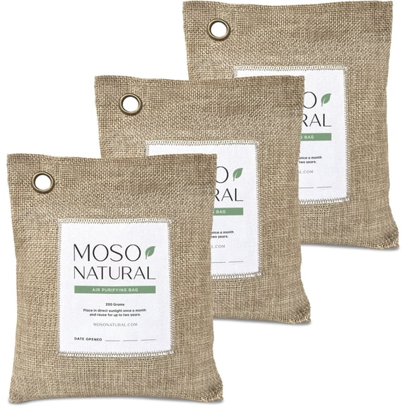 Moso Natural Air Purifying Bag, 200g Bamboo Charcoal Odor Absorber, Odor Eliminator, Natural, 3 Pack