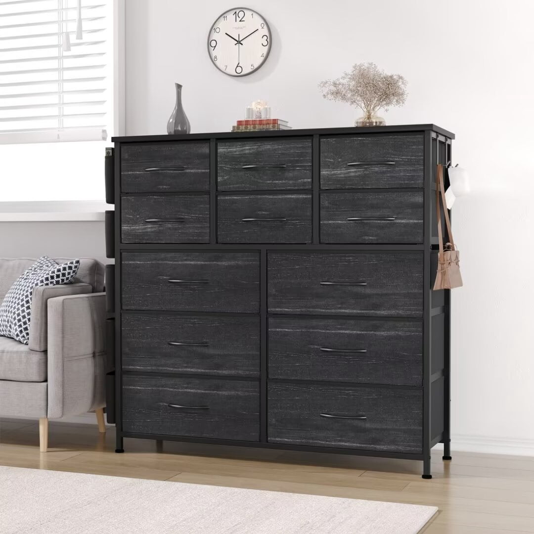 Dresser for Bedroom with 12 Drawers, Wide Fabric Dressers of Drawers with Side Pockets, Chest of Drawers for Living Room, Closet, Hallway, Black