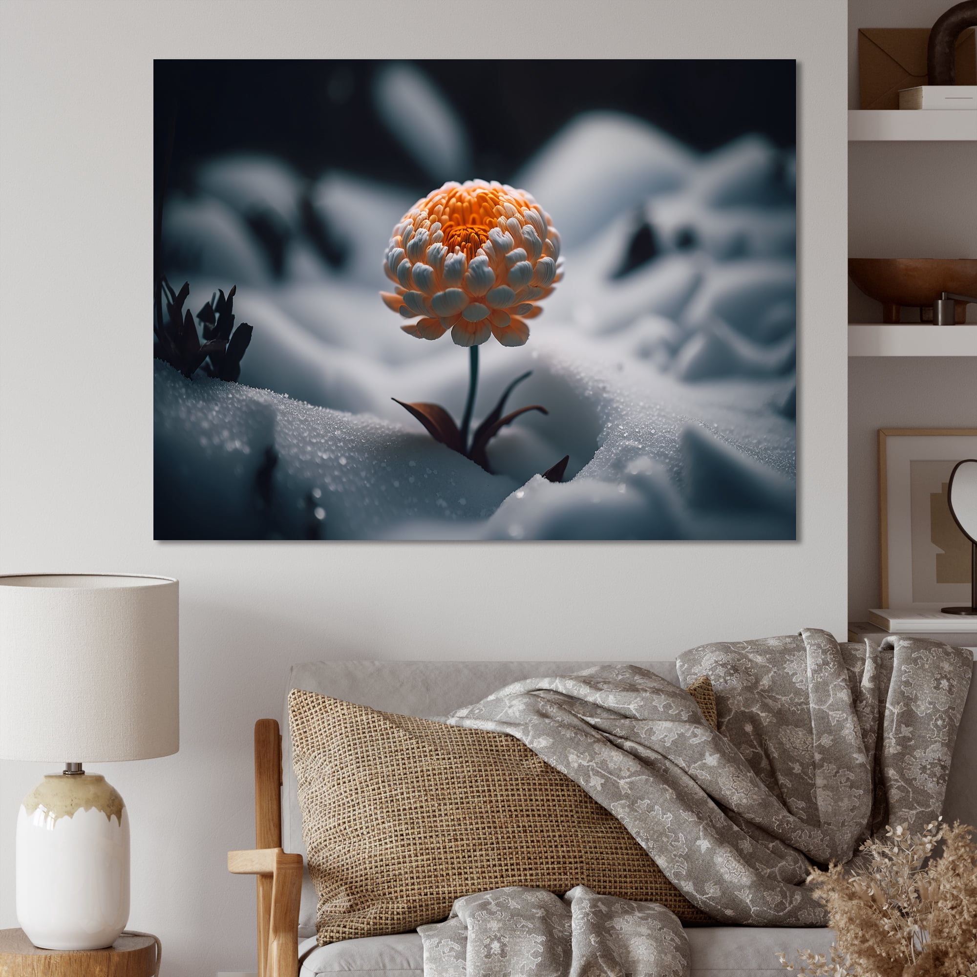 Designart A Blooming Orange Marigold Flower In Winter II Canvas Wall Art