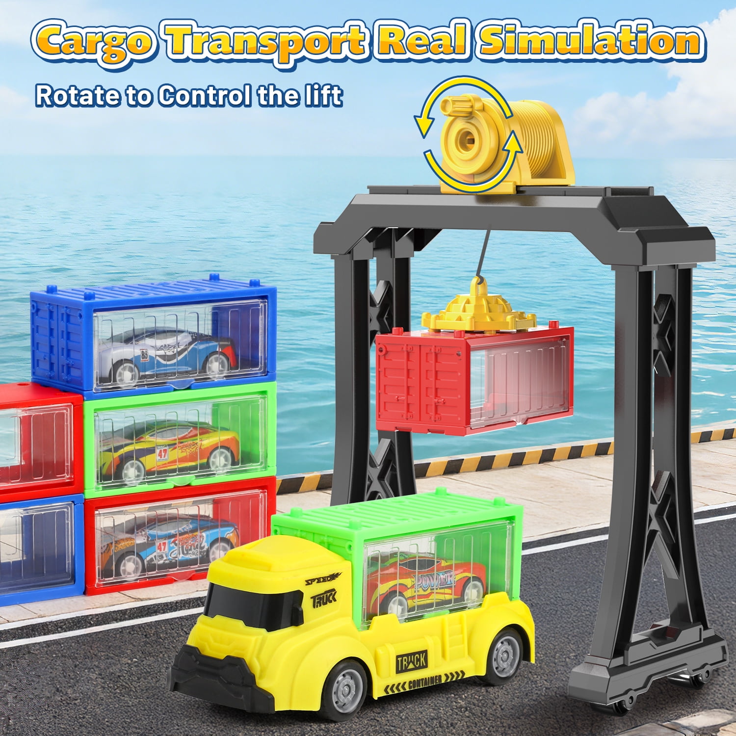 UQN Cargo Ship Toy & Gantry Crane for kids, Toy Boat and Crane Playset with 6 Race Cars and 12 Containers, Transport Cruise Ship, Cargo Boat Toys Birthday Gift for 3 4 5 6 7 8 Year Old Boys Kids