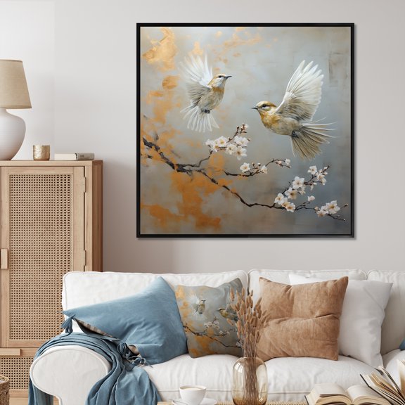 Designart "Floral Serenity with Gold and Grey Birds II" Animals Framed Wall Art - Traditional Gold Bird Entryway Framed Wall Art