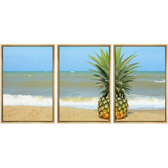 wall26 - 3 Piece Framed Canvas Wall Art - Pineapple on The Beach with Blue Sky - Modern Home Art Stretched and Framed Ready to Hang - 24"x36"x3 NATURAL