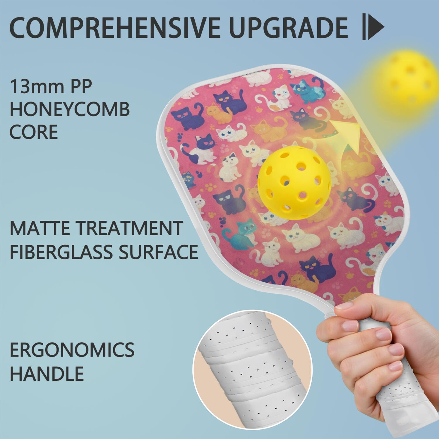 Pickleball Paddles Set Of 1, Fiberglass Surface, Cats & Dogs Print, 1 Paddle, 2 Balls & Bag