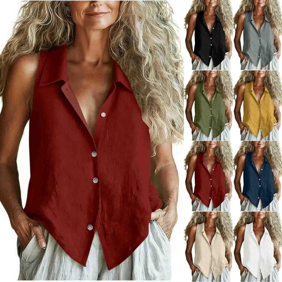VBVC Women's Sleeveless Button Down Blouse, Ladies' Collared V-Neck Casual Tank Top, Solid Color Summer Loose Fit Vest For Women,Army Green,S-2XL
