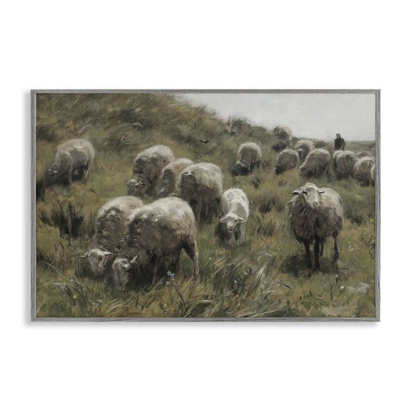 Stupell Industries Sheep At Pasture Landscape Painting Gray Framed Art Print Wall Art, 24 x 16