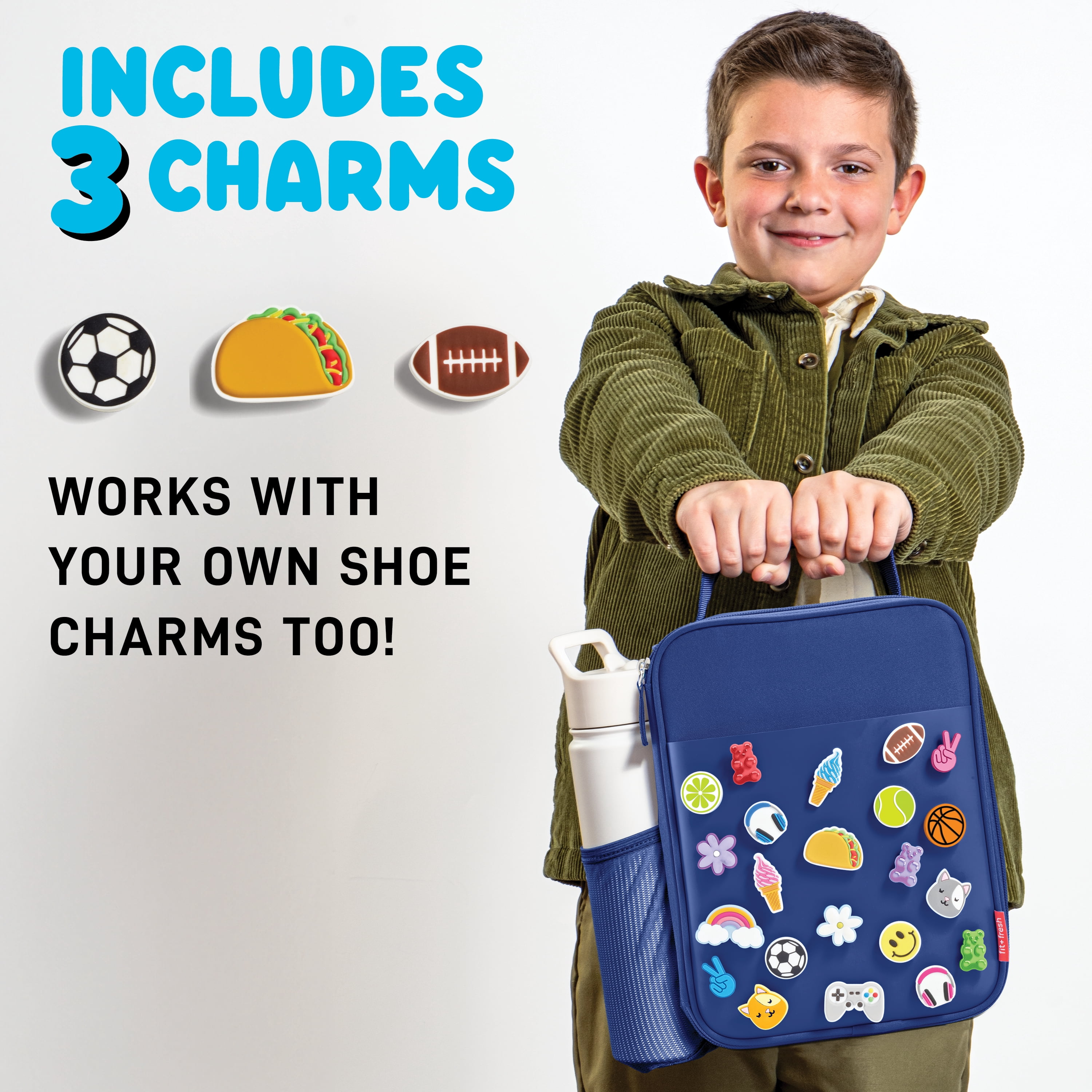 Fit + Fresh DIY Kids Insulated Lunch Bag, Includes 6 Shoe Charms, Blue