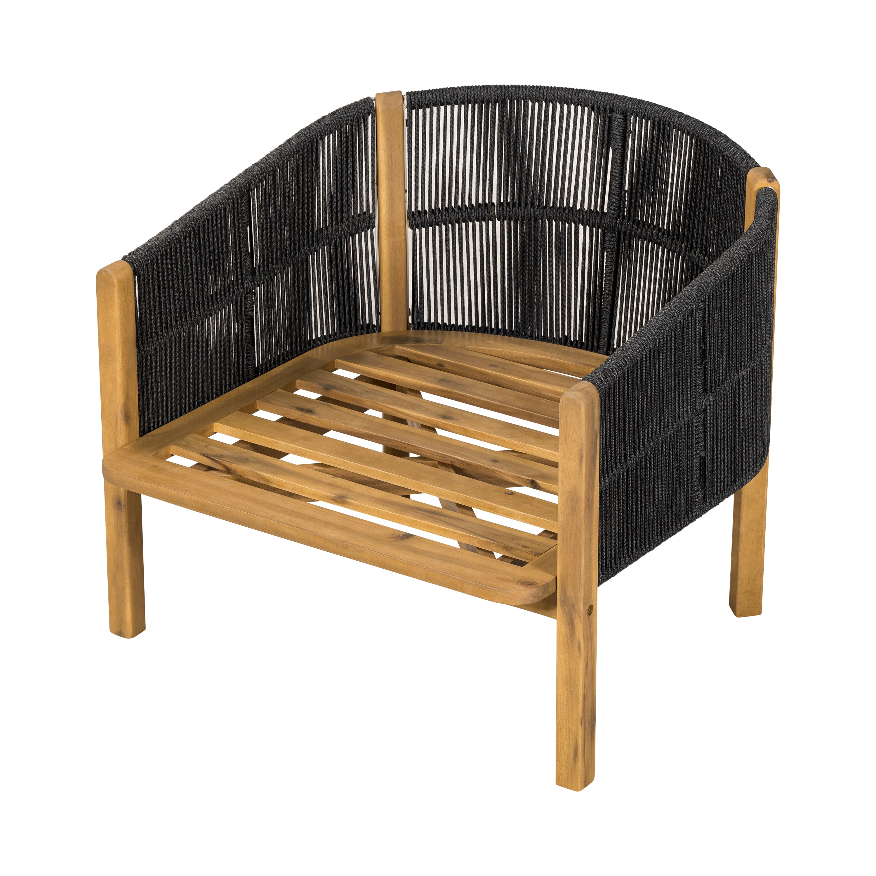 Club Chair with Acacia Wood Frame and Rope Weave, Outdoor Patio Armchair and Garden Lounge Seating with Gray Cushion, Gray and Teak