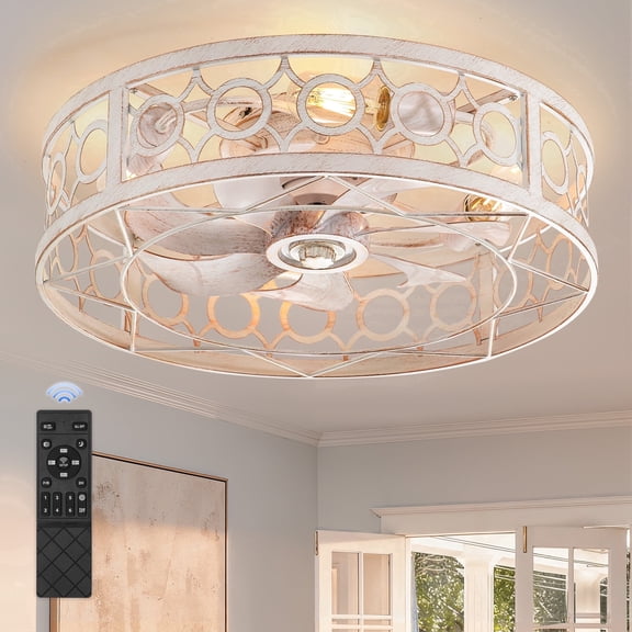 Lokivas 20in Caged Ceiling Fans with Light and Remote Control, 6 Speed and Reversible Motor for Dining Room, White and Gold
