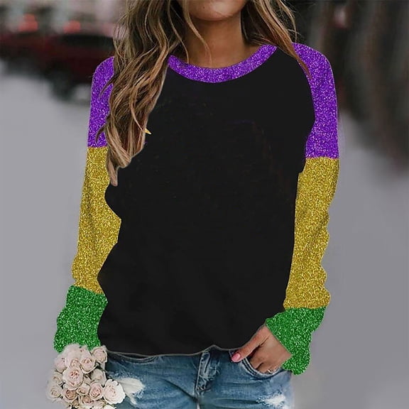 xixinqiwan Mardi Gras Clothing for Women,Long Sleeve Mardi Gras Fancy Blouse Carnival Costume Mask Print Tunic Theme Party Round Neck Shirts