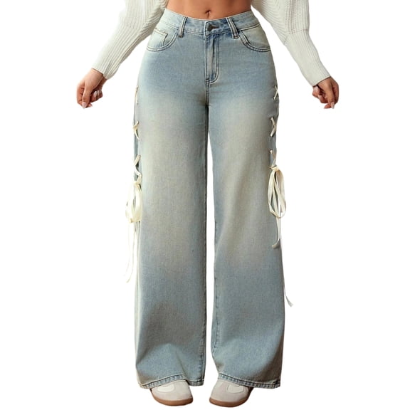 LWavelet Womens Side Lace Up Wide Leg Jeans High Waisted Daily Casual Denim Pants Light Blue 3XL