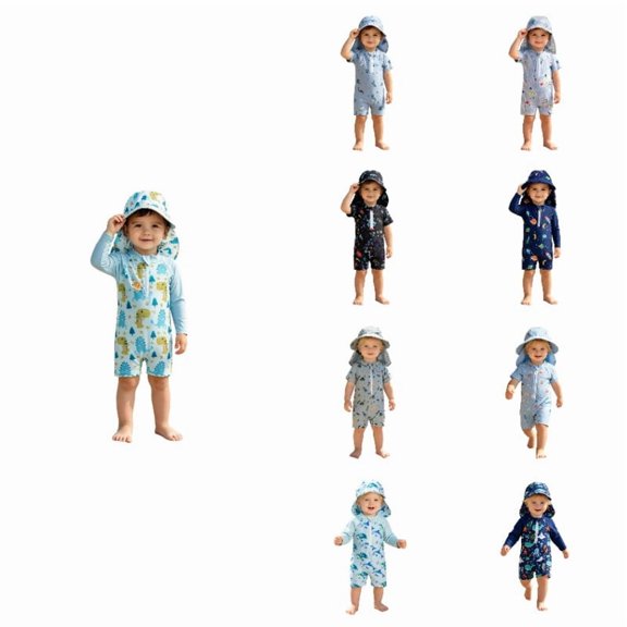 SGMVNU Baby Boys 1 Piece Swimsuit with Swim Cap Cartoon Print Swimwear for Summer Front Zipper Long Sleeve Swim Suit Green Size 0-3 Months