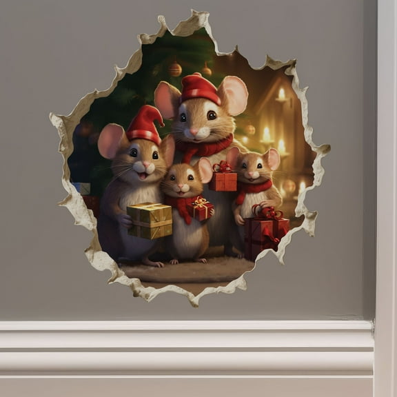 Christmas Family Mice in Mouse Hole Decal - Mouse Hole 3D Wall Sticker
