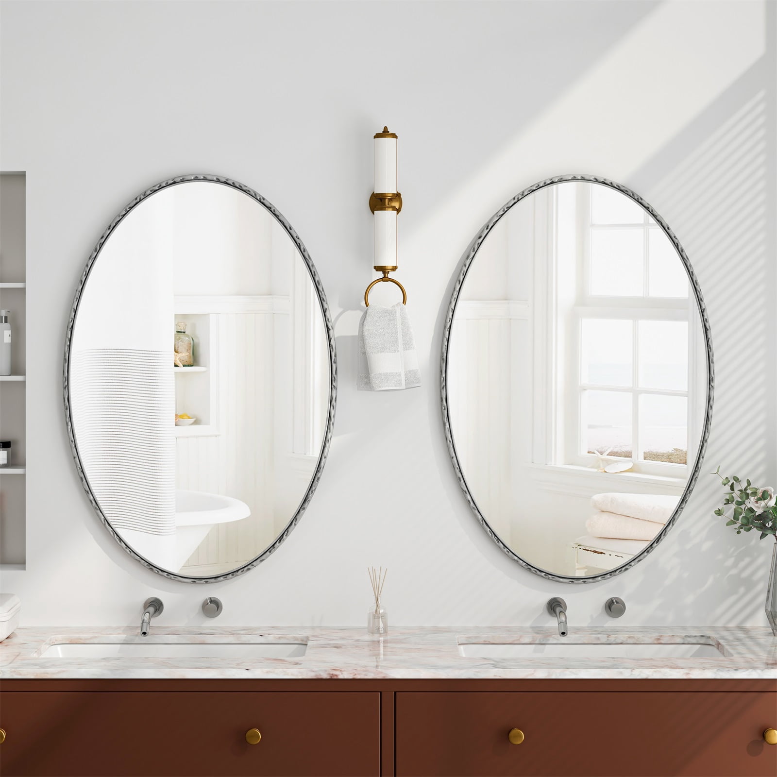 Hommoo 25.6"x39.37" Oval Bathroom Mirror, Wall Mounted Vanity Mirror for Wall, Silver