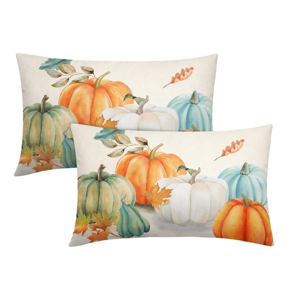 ABSOP Fall Maple Leaves Lumbar Pillow Covers Set of 2 12"X20" Teal Orange White Green Pumpkins Decorative Couch Pillow Cases Farm Decor for Room Porch Patio Couch Outdoor