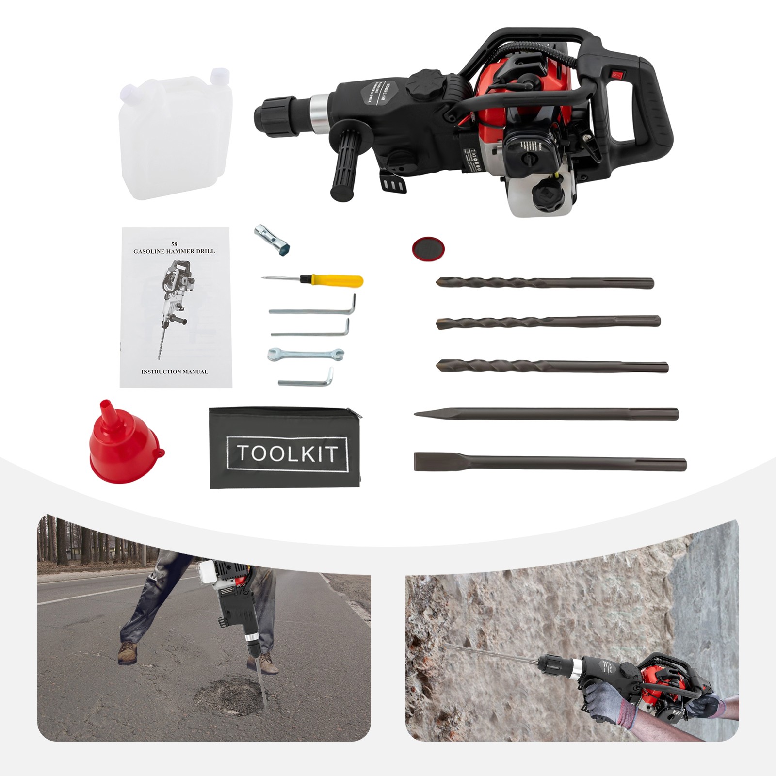 326cc 2 Stroke Gas Powered Demolition Jack Hammer Concrete Breaker Punch Drill 1800W 30J Gasoline Concrete Breaker Post Driver Fende Knocker Jack Hammer with Pointed and Flat Chisel, 3X Drills