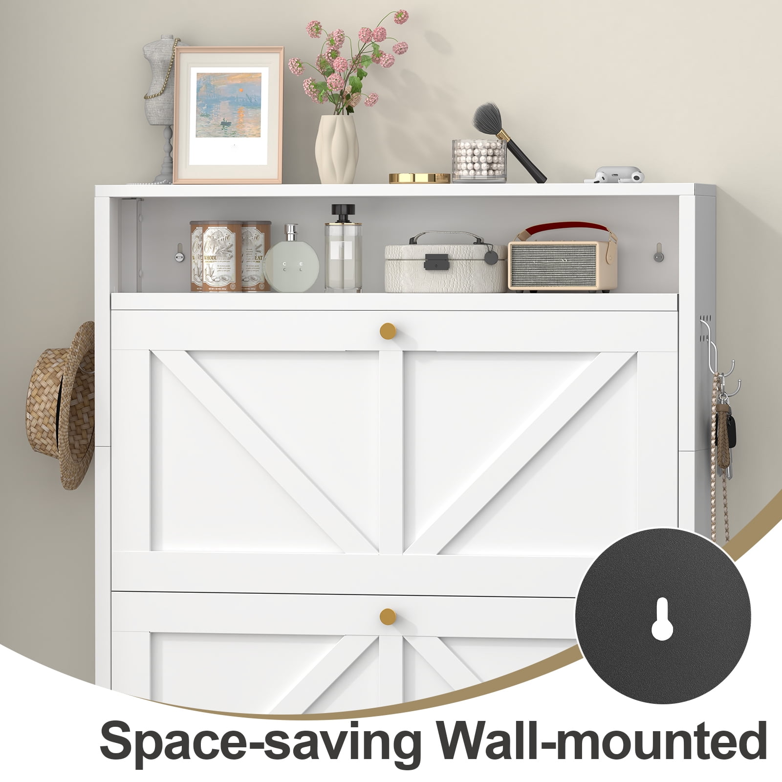 Aisword Modern Metal Shoe Cabinet with 2 Flip Drawers & Open Shelf,Narrow Slim Wall-Mounted Hidden Shoe Organizer Shoe Rack for Entryway,White