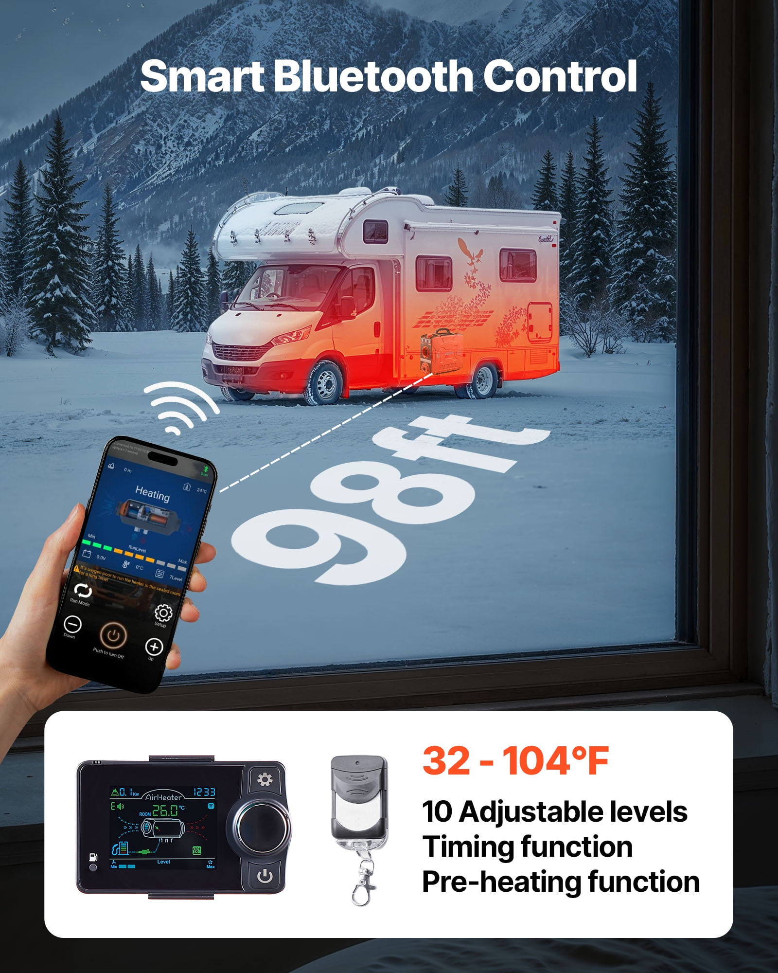 VEVOR Diesel Heater, 8KW, DC 12V, All in One Portable Diesel Air Heater with Bluetooth APP Control, Remote Control and LCD Screen, 1.2 Gal Fuel Tank for Vehicles, Vans, RVs, Campers, and Garages