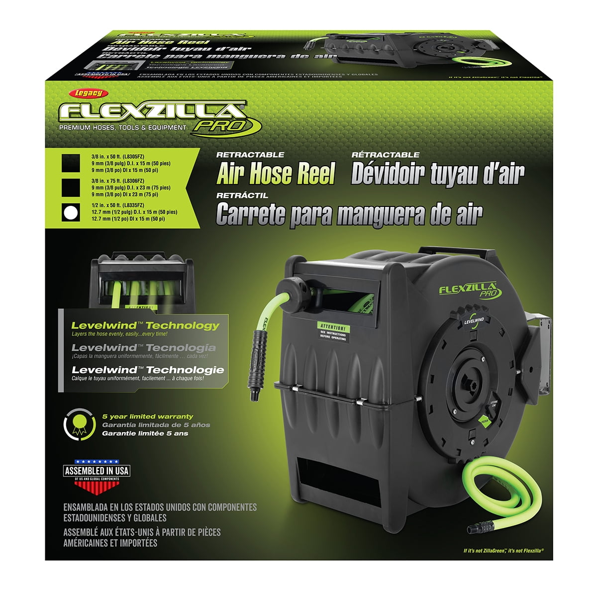 Flexzilla® Pro Retractable Air Hose Reel with Levelwind™ Technology, 1/2" x 50', ZillaGreen™
