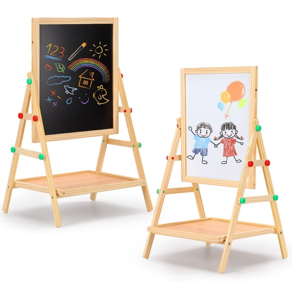 Painting Wooden Art Easel for Kids, 2-in-1 Double-Sided Drawing Board, Chalkboard & Dry Whiteboard with Markers, Eraser, Magnetic Letters/Numbers, Standing Easel Set for Xmas Birthday Holiday Gifts