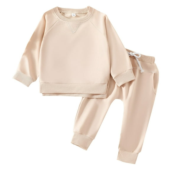 NIEWTR Toddler Baby Girl Clothes Contrast Color Long Sleeve Sweatshirt Pullover Top Pants 2PCS Fall Winter Outfit Set Sweatsuit Pajamas & Dailywear Set Homewear Outfit（Beige，12-18 Months）