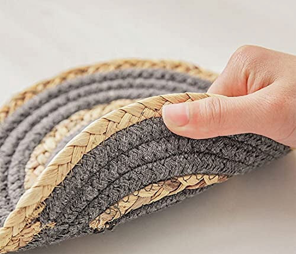 Fennco Styles Hand-Woven Rattan Cotton Rope Placemats 7-Inch Round, Set of 4 - Grey Braided Table Mats Heat Resistant Insulation for Home, Boho Décor, Dining Table, Banquets, Special Events
