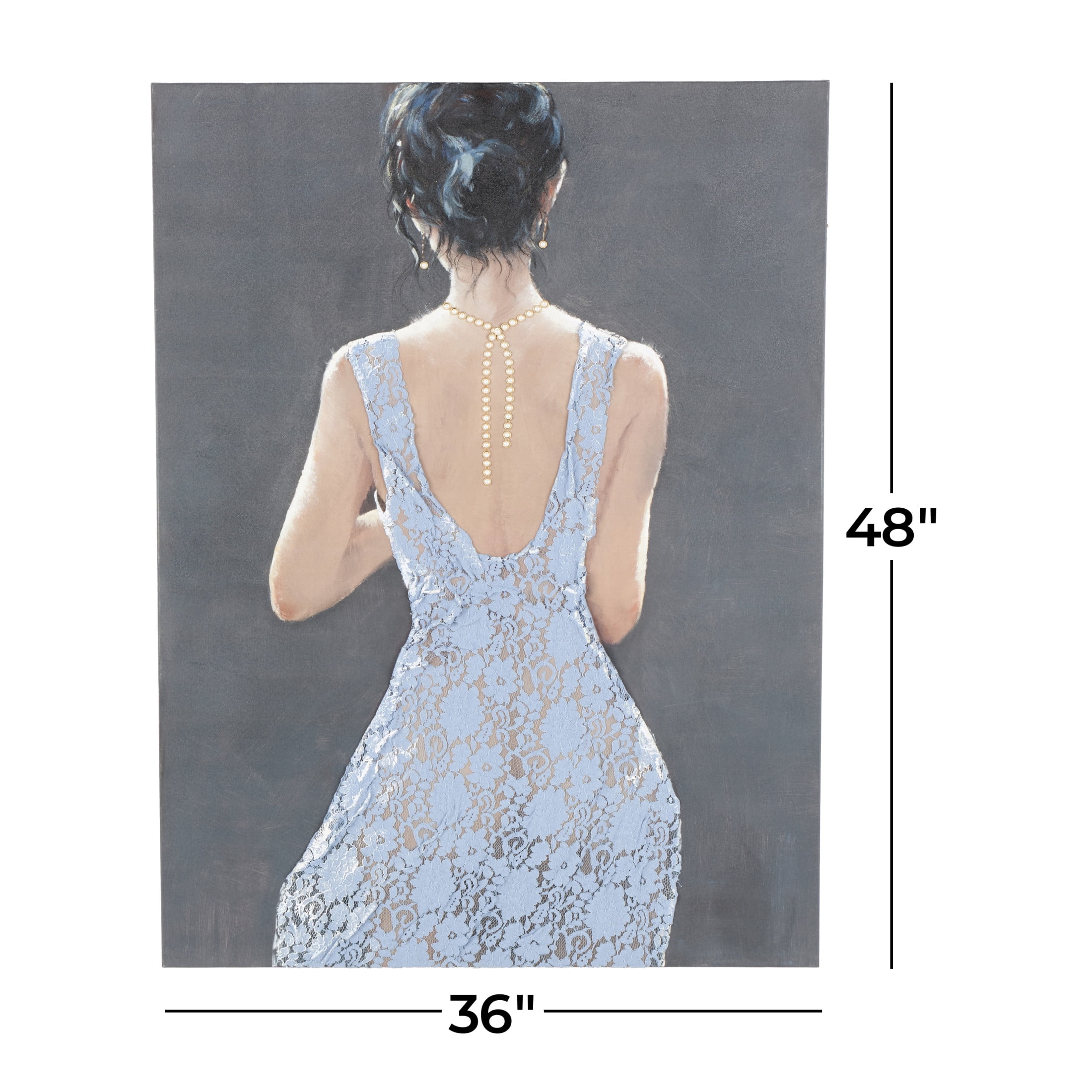 36" x 48" Woman Framed Wall Art with 3D Blue Fabric Dress and Gold Jewels, by DecMode