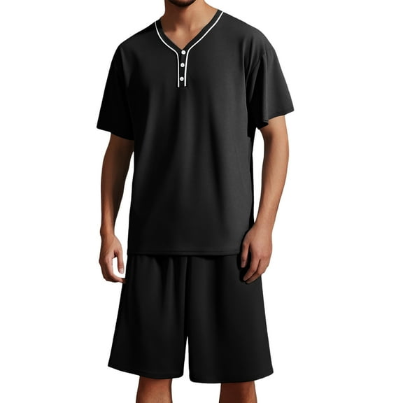 JTieacloth Men's Nightshirts Men's Summer V Neck Short Sleeve Top And Shorts Casual Style Pajama Loungewear Set Black