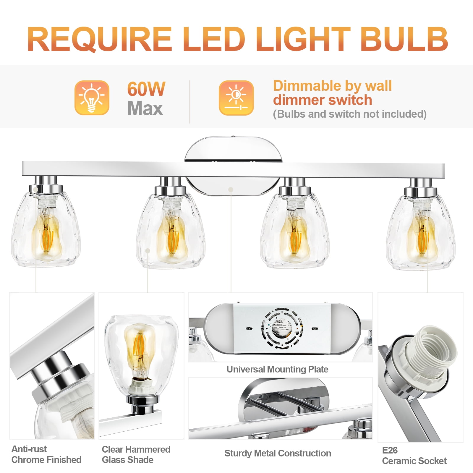 3/4/5/6 Light Bathroom Light Fixtures, Chrome Vanity Light Fixtures Over Mirror Wall Mount Lighting Fixture with Hammered Glass Shade E26 Socket for Hallway Kitchen Bedroom Living Room