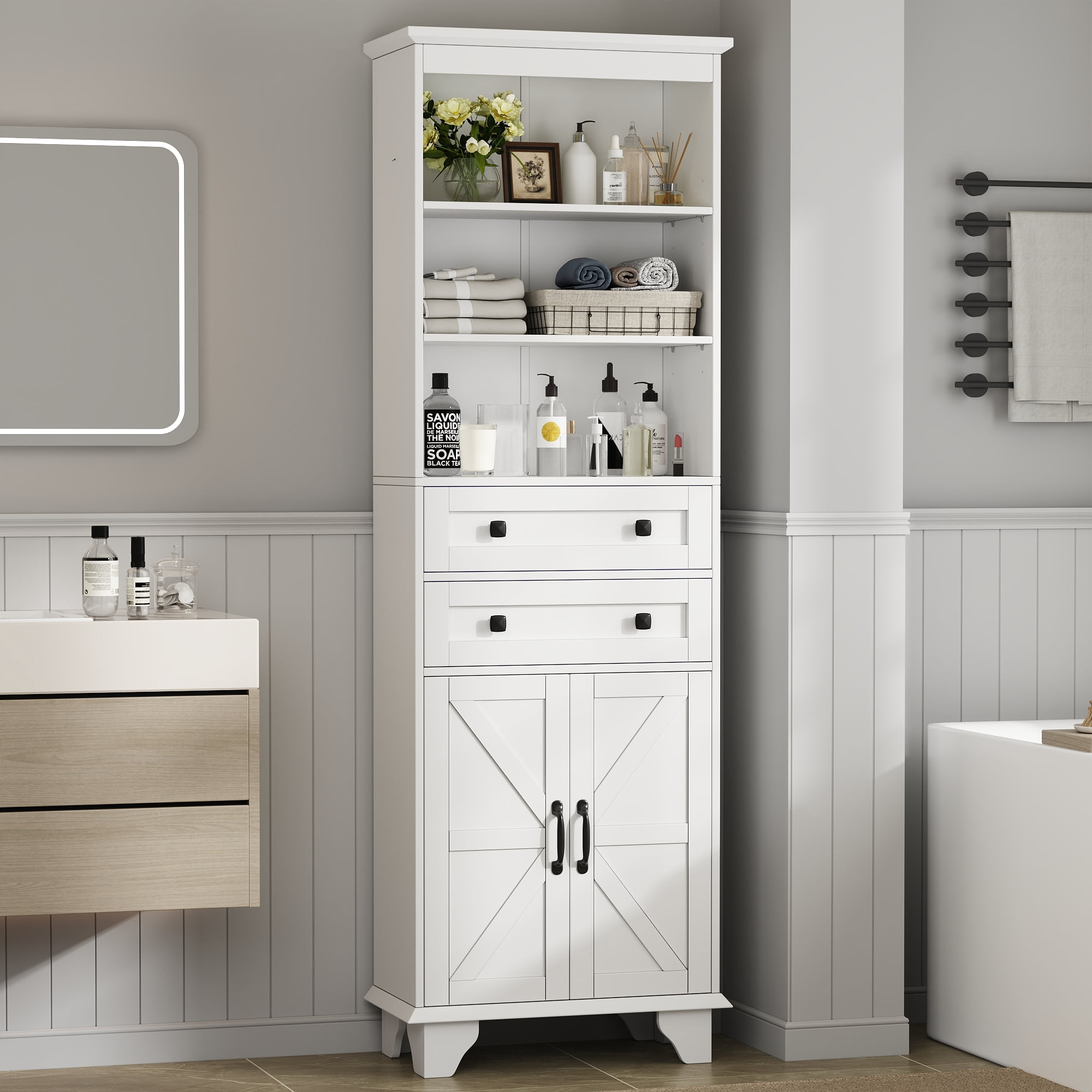 Fresca Bath White Linen Side Cabinet - 59" Tall With 3 Soft-Close Storage Doors - View #7