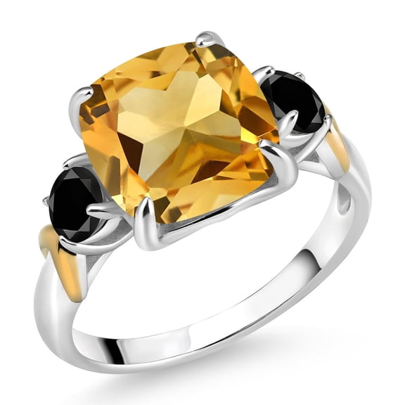 Gem Stone King 925 Silver and 10K Yellow Gold Yellow Citrine and Black Diamond 3 Stone Ring for Women (4.14 Cttw, Gemstone November Birthstone, Cushion 10MM, Round 4MM, Size 6)