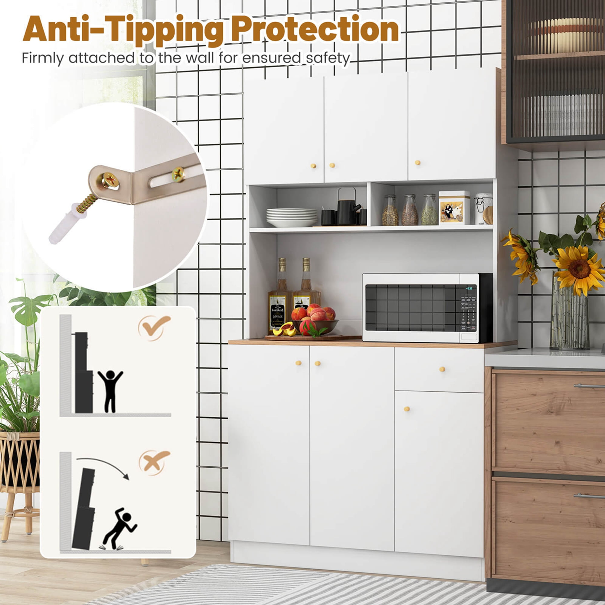 Costway 71" Tall Pantry Cabinet with Outlets USB Ports Anti-Tipping Kits Adjustable Shelves White