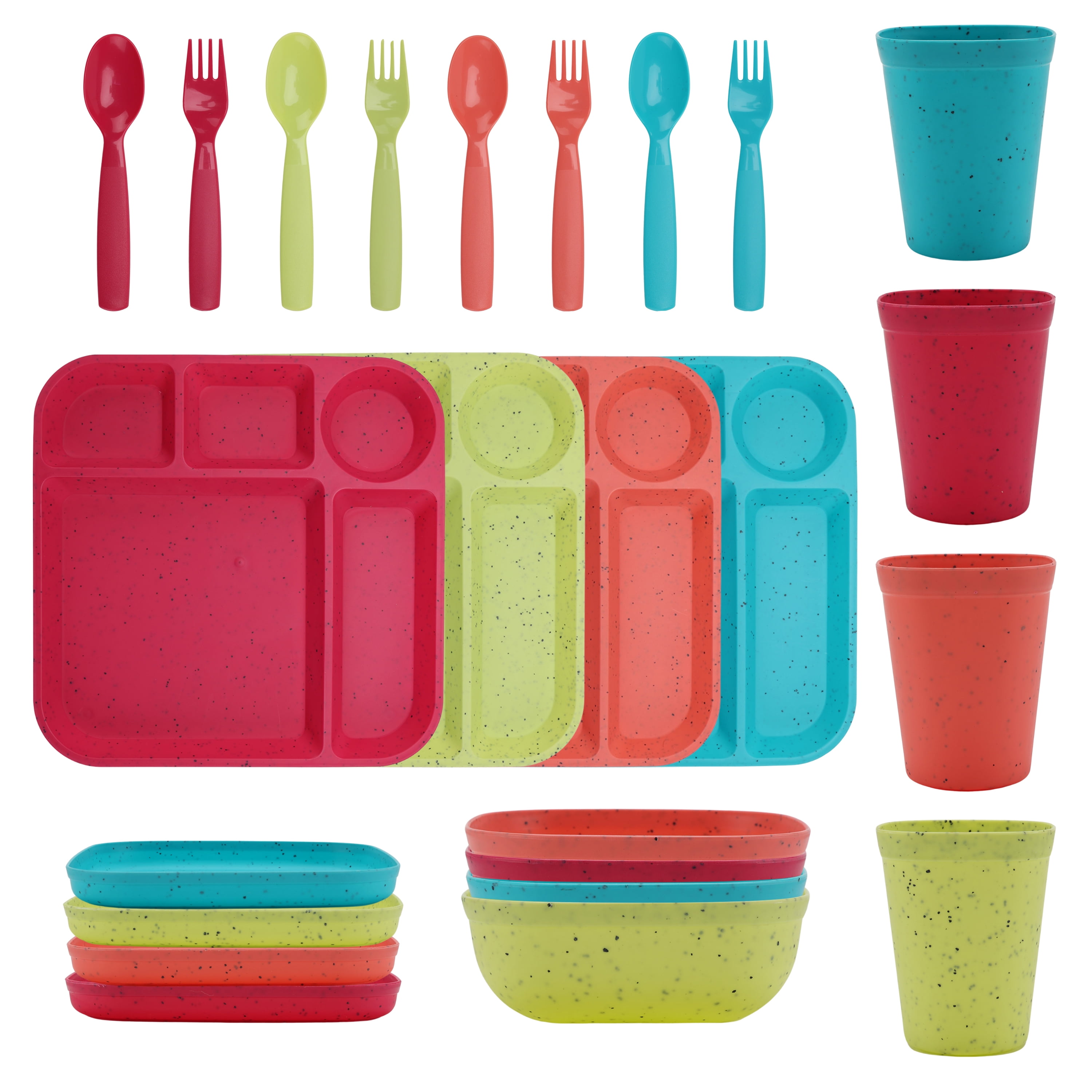 Your Zone 24-Piece Plastic Kids Dinnerware Set with 4 Trays, Bowls, Plates, Cups, Forks, Spoons in Pink, Coral, Yellow, Blue